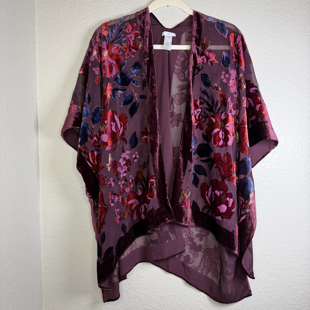 J. Jill Women’s Burgundy Floral Burnout Velvet Ruana Kimono Wrap Size One Size